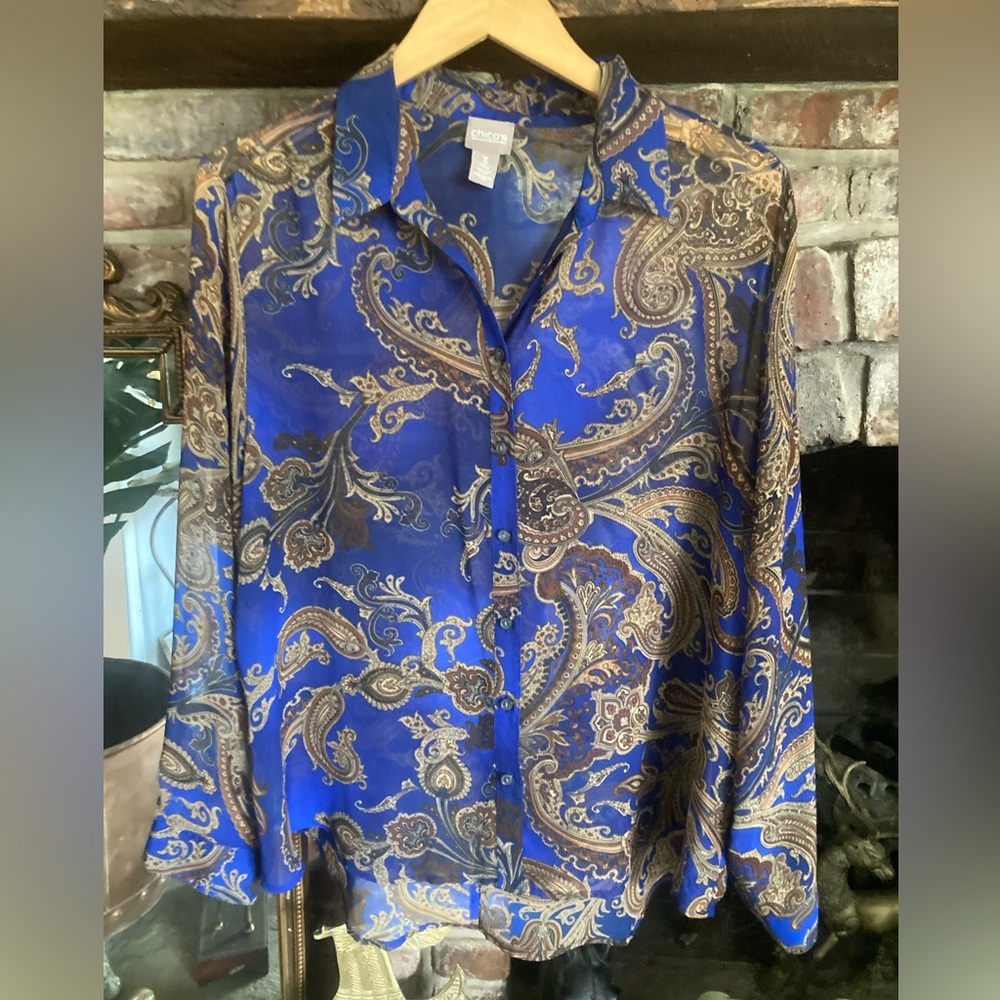 Chico's Royal Blue Paisley Print Sheer Button Blouse EUC Size 3/16/XL